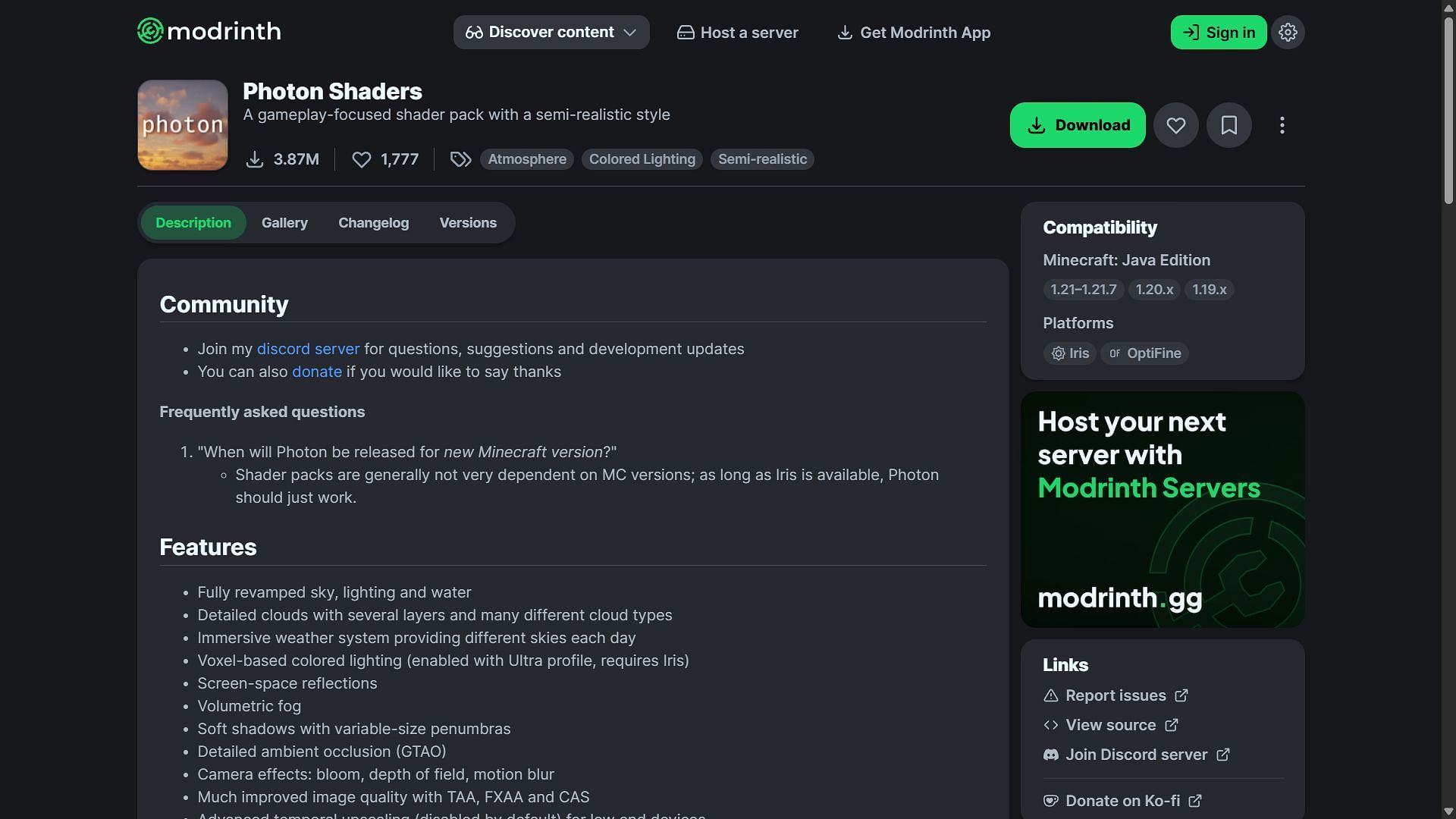Photon can be downloaded from the Modrinth website (Image via Modrinth/sixthsurge)